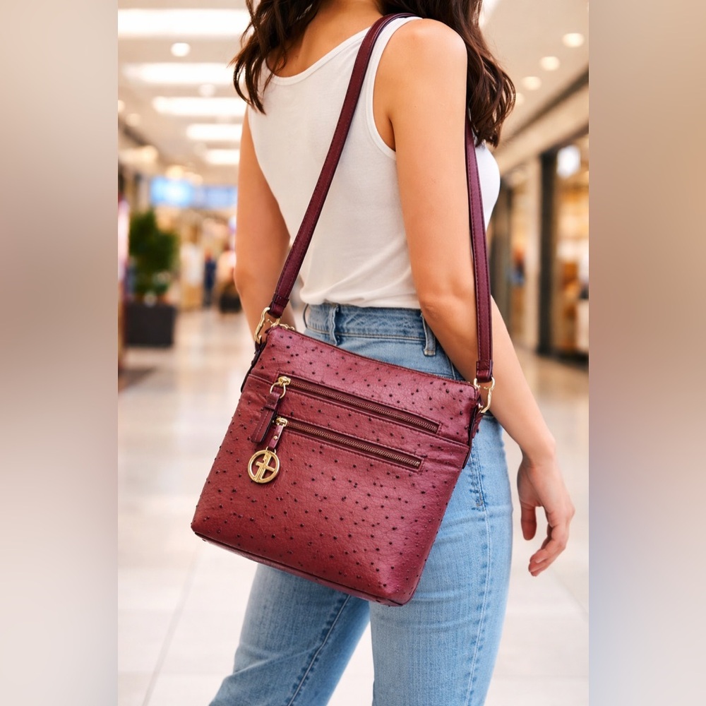 Giani Bernini Burgundy Leather Crossbody Bag | Ostrich Embossed | Gold Hardware.